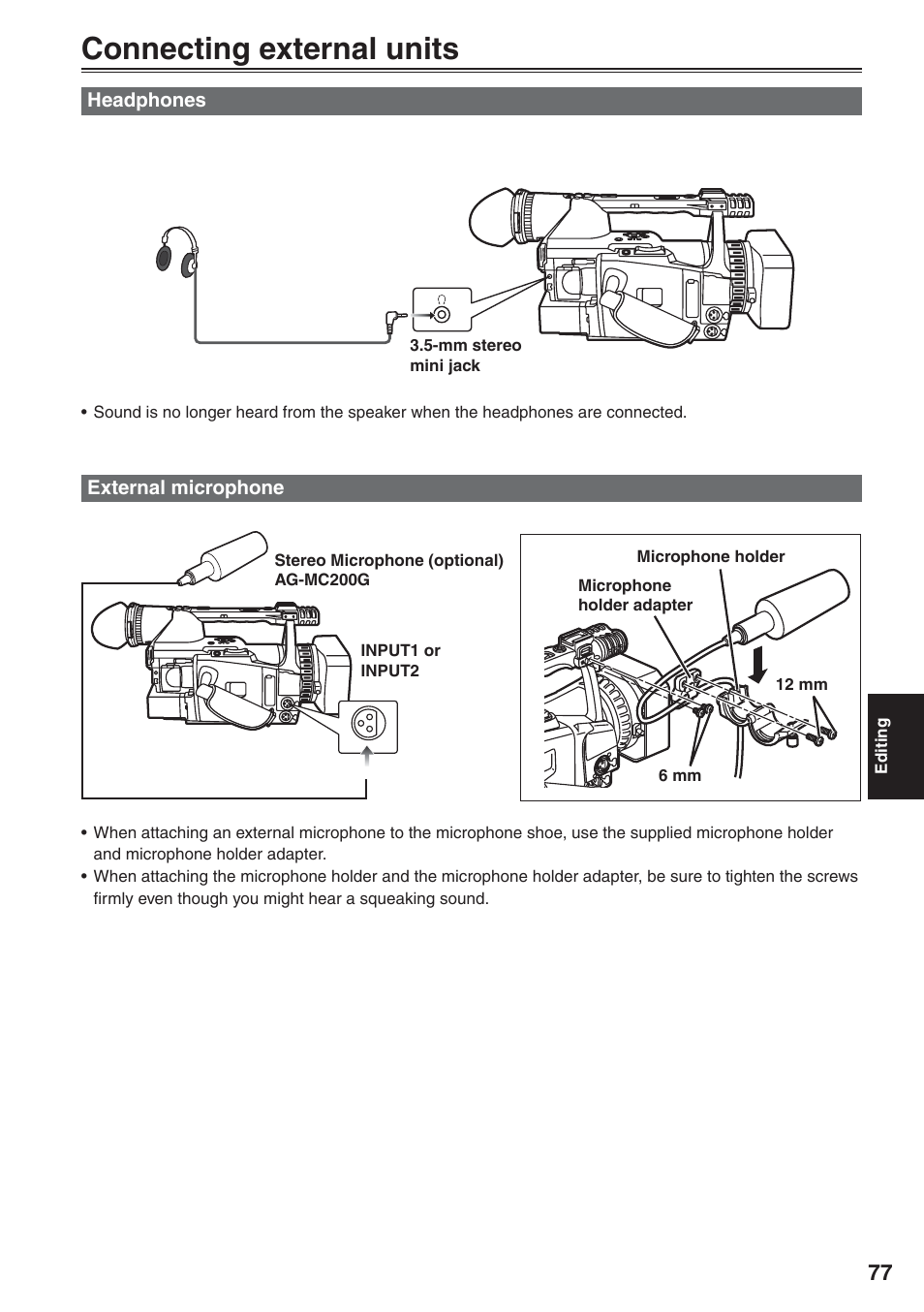 Connecting external units, Headphones, External microphone | Headphones external microphone | Panasonic AG-HVX200 User Manual | Page 77 / 138