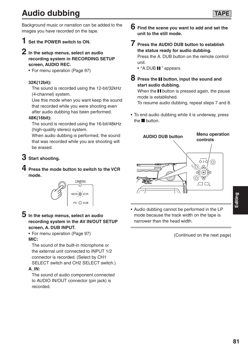 Audio dubbing, Tape | Panasonic AG-HVX200 User Manual | Page 81 / 138