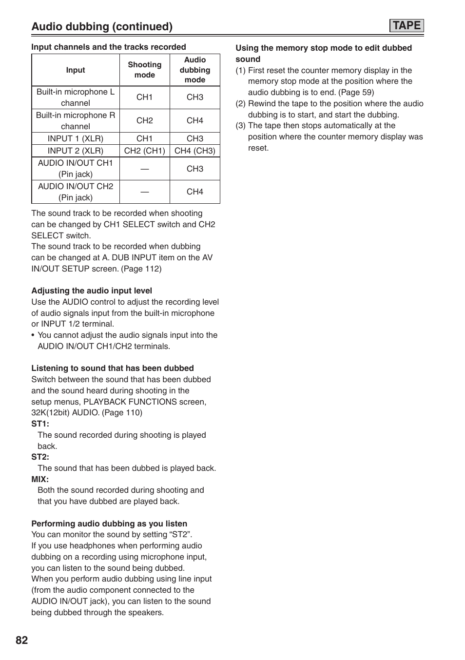 Tape, Audio dubbing (continued) | Panasonic AG-HVX200 User Manual | Page 82 / 138