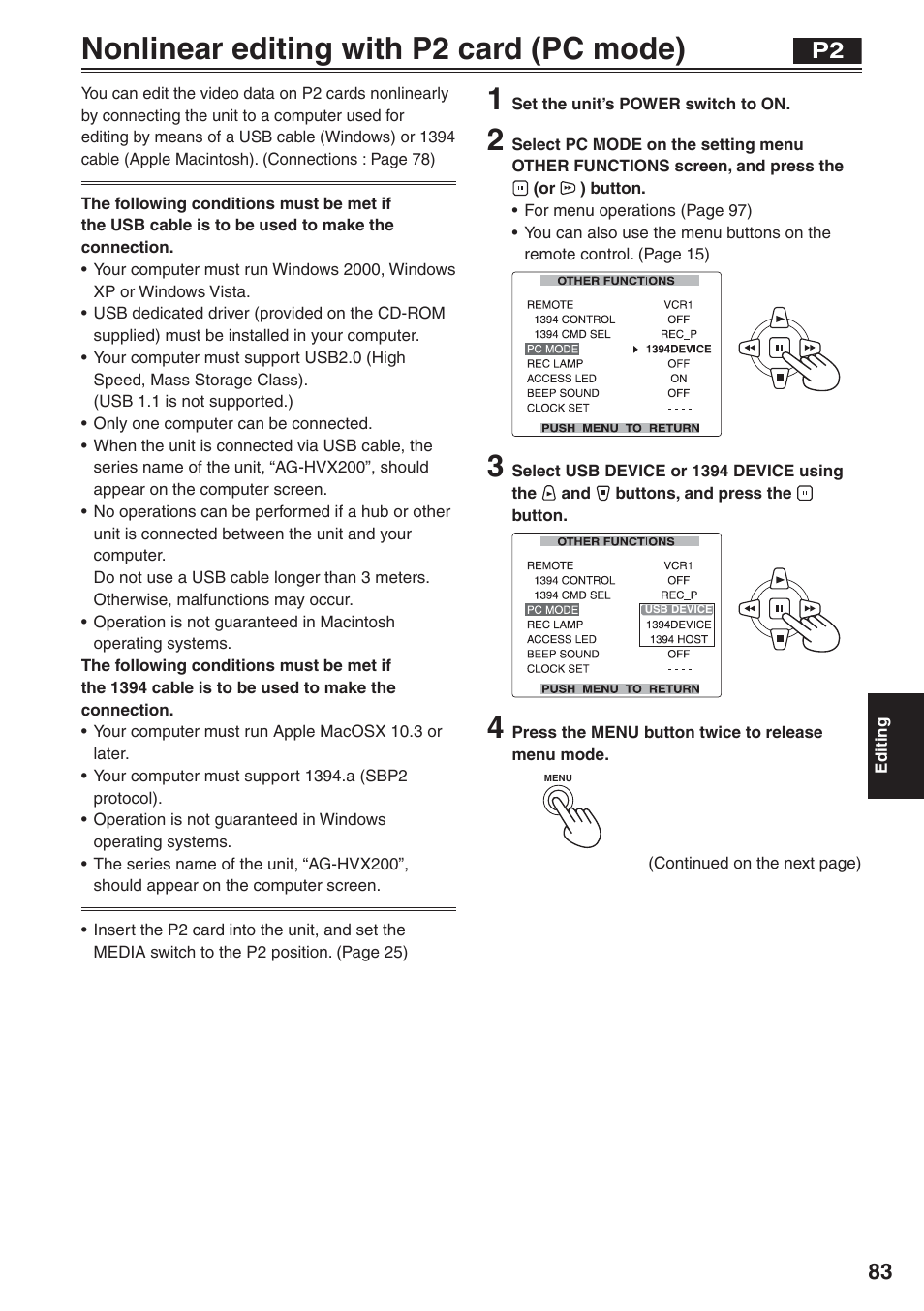 Nonlinear editing with p2 card (pc mode) | Panasonic AG-HVX200 User Manual | Page 83 / 138