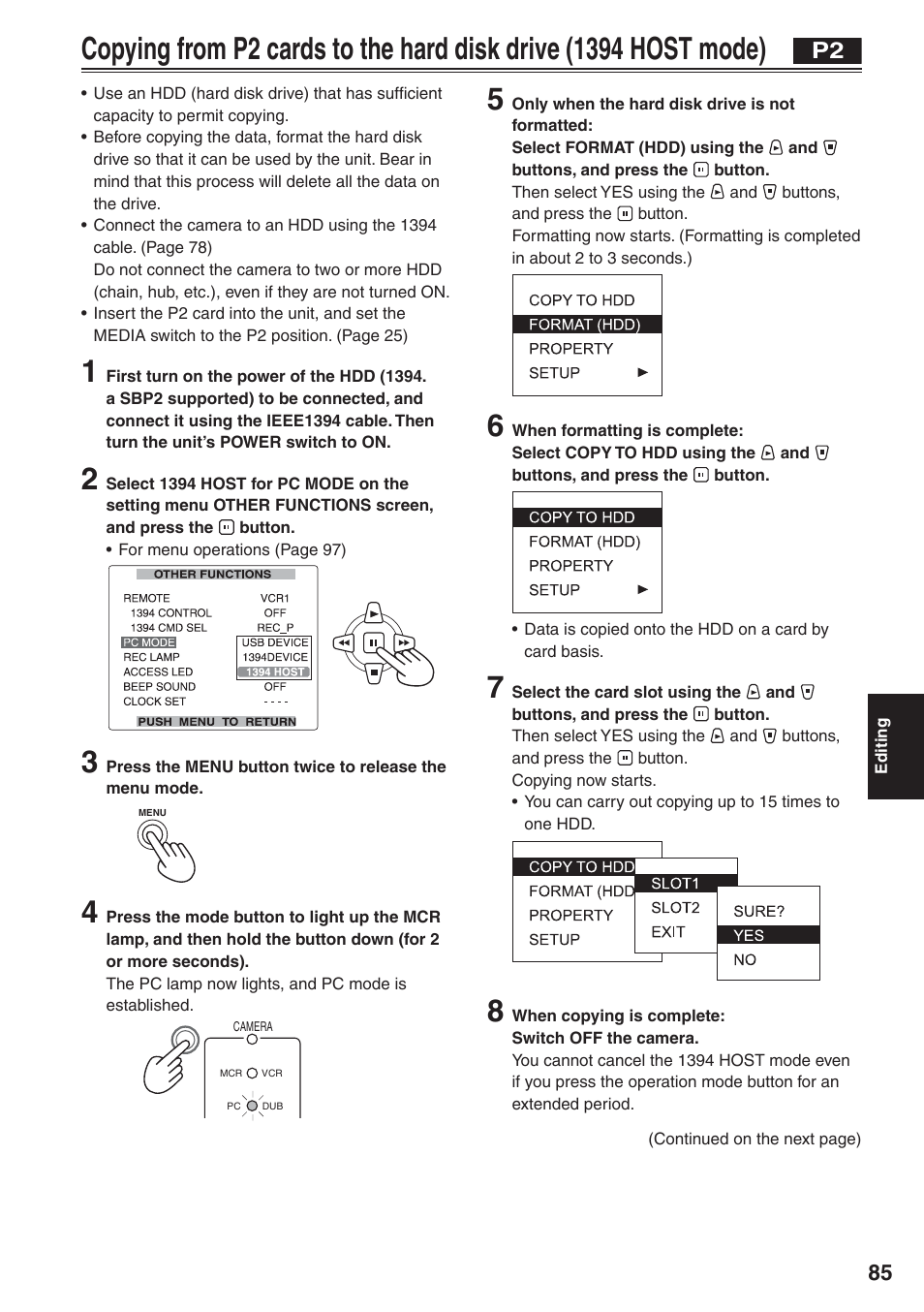 Copying from p2 cards to the hard disk drive, 1394 host mode) | Panasonic AG-HVX200 User Manual | Page 85 / 138