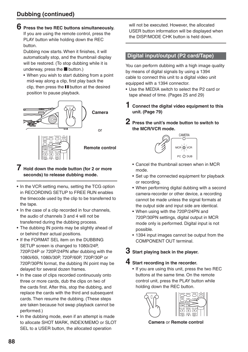 Digital input/output (p2 card/tape), 88 dubbing (continued), Start playing back in the player | Camera or remote control | Panasonic AG-HVX200 User Manual | Page 88 / 138