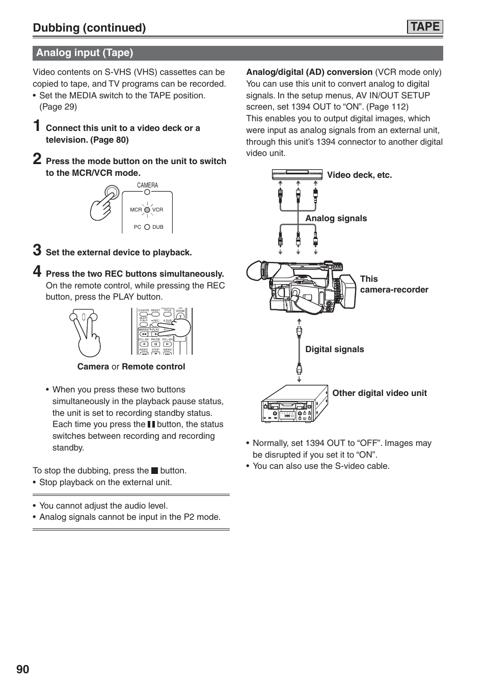 Analog input (tape), Tape, Dubbing (continued) | Panasonic AG-HVX200 User Manual | Page 90 / 138