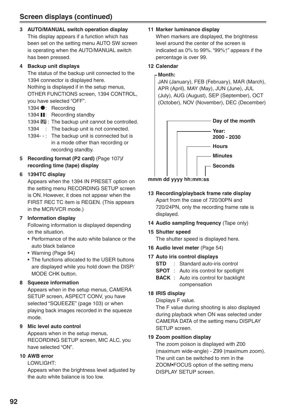 92 screen displays (continued) | Panasonic AG-HVX200 User Manual | Page 92 / 138