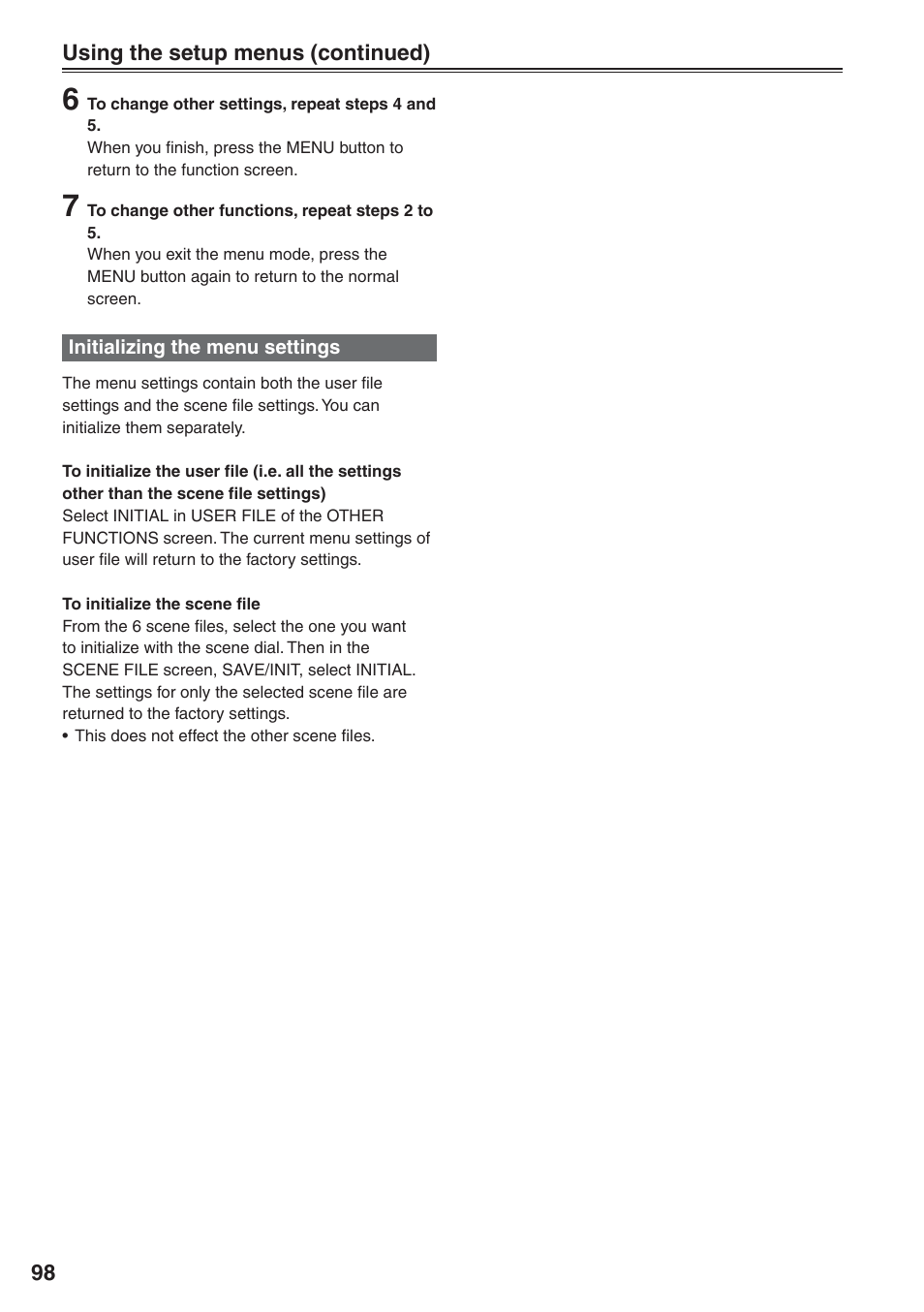 Initializing the menu settings | Panasonic AG-HVX200 User Manual | Page 98 / 138