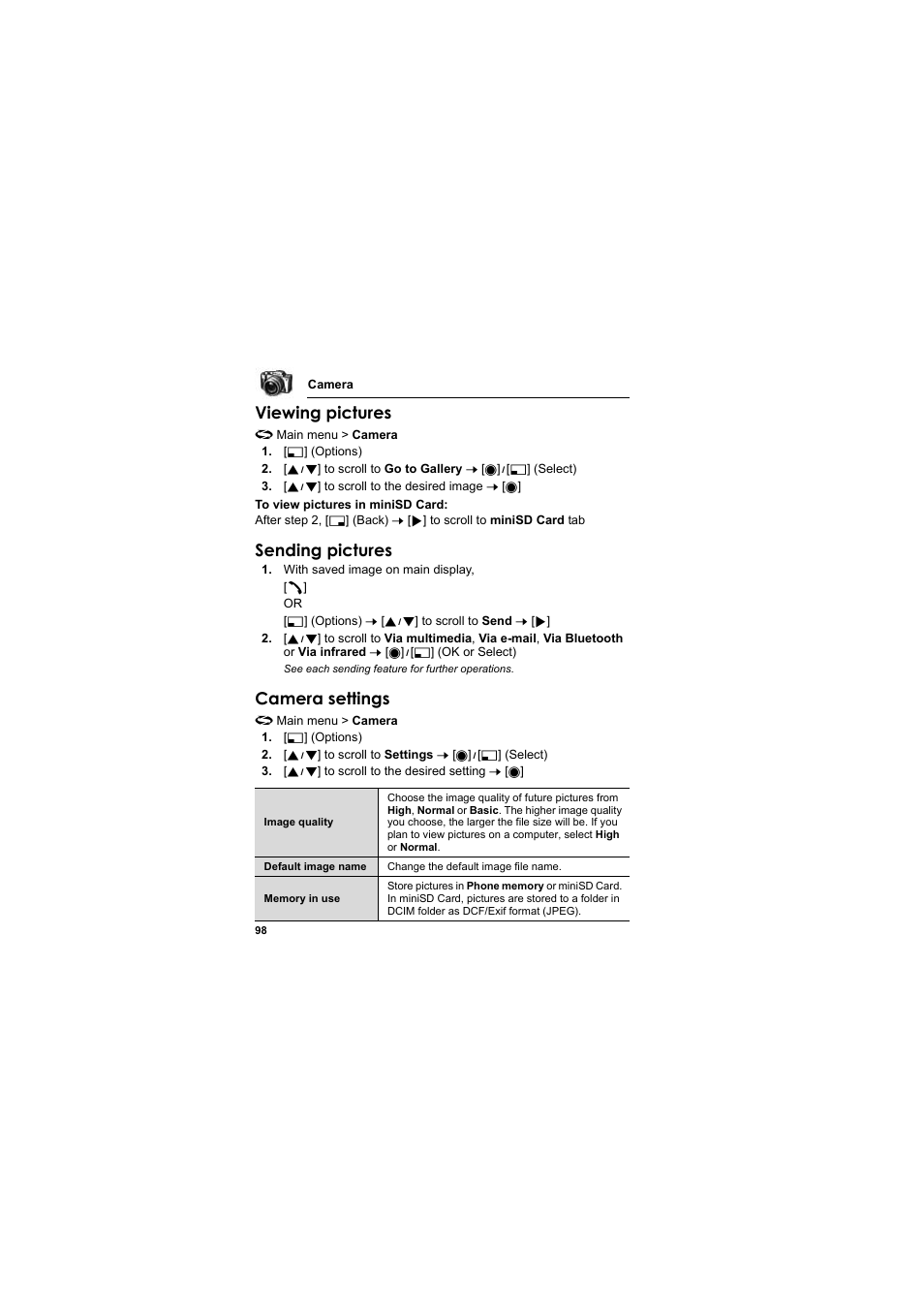 Viewing pictures, Sending pictures, Camera settings | Panasonic EB-X800 User Manual | Page 101 / 194