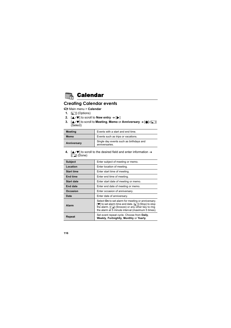 Calendar, Creating calendar events | Panasonic EB-X800 User Manual | Page 119 / 194