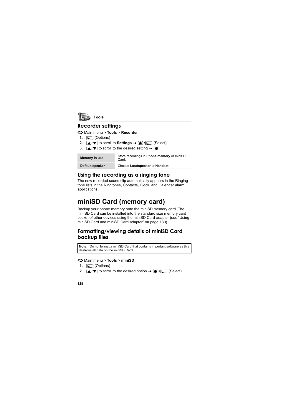 Minisd card (memory card), Recorder settings, Using the recording as a ringing tone | Panasonic EB-X800 User Manual | Page 131 / 194