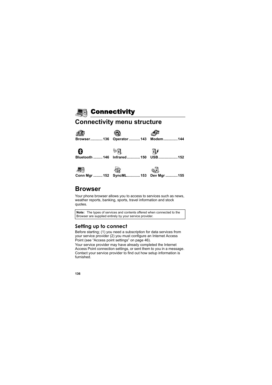 Connectivity, Connectivity menu structure, Browser | Connectivity connectivity menu structure browser | Panasonic EB-X800 User Manual | Page 139 / 194