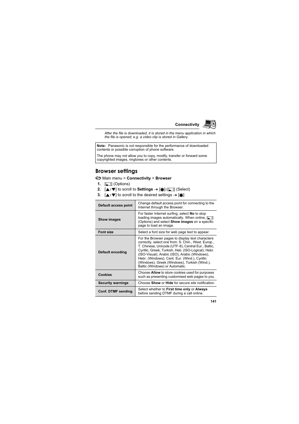 Browser settings | Panasonic EB-X800 User Manual | Page 144 / 194