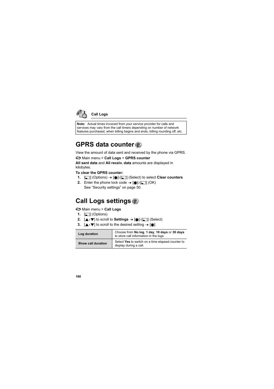 Gprs data counter, Call logs settings | Panasonic EB-X800 User Manual | Page 163 / 194