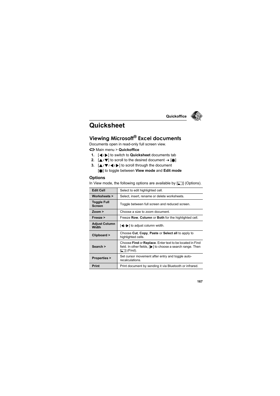 Quicksheet, Viewing microsoft, Excel documents | Panasonic EB-X800 User Manual | Page 170 / 194