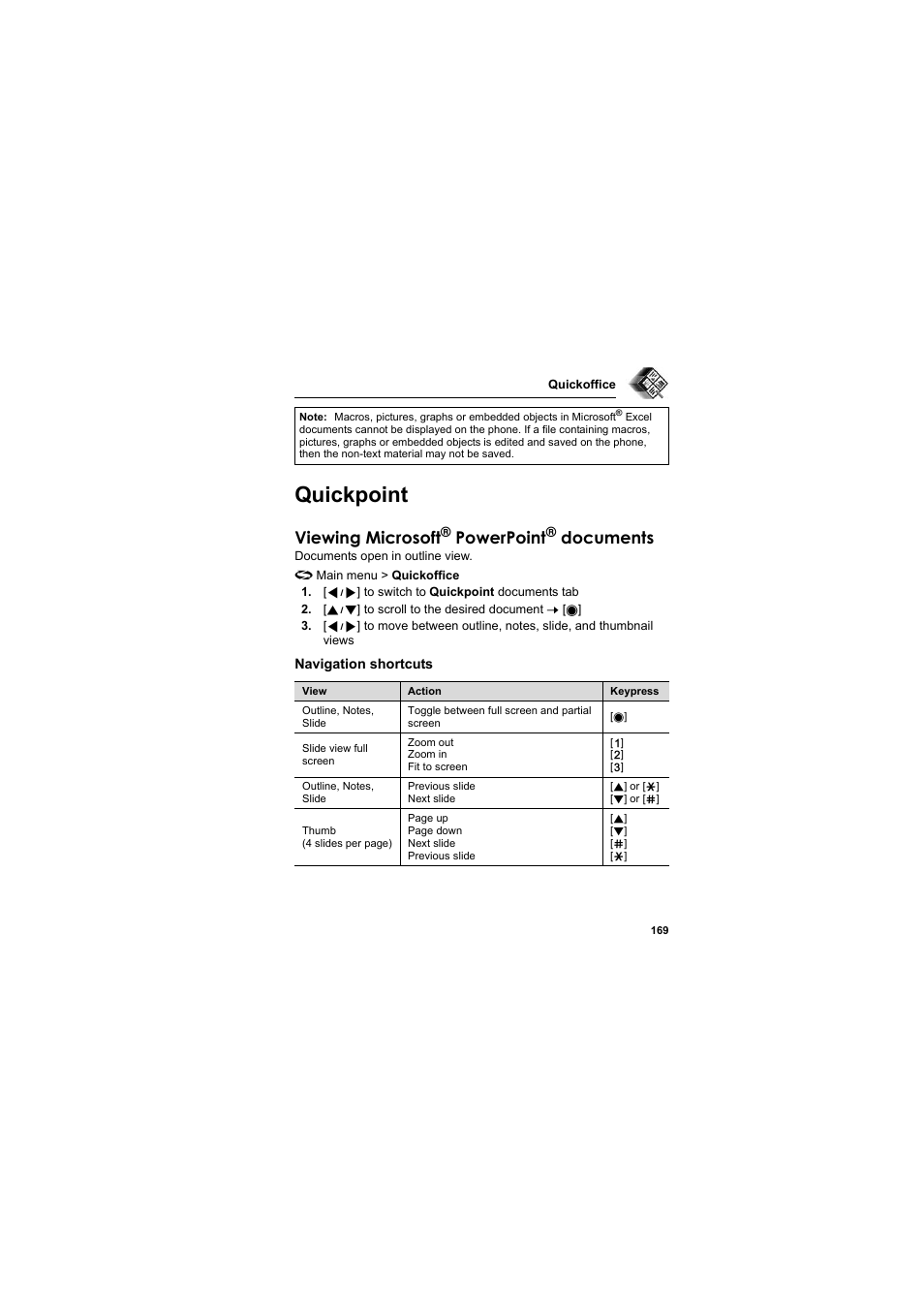Quickpoint, Viewing microsoft, Powerpoint | Documents | Panasonic EB-X800 User Manual | Page 172 / 194