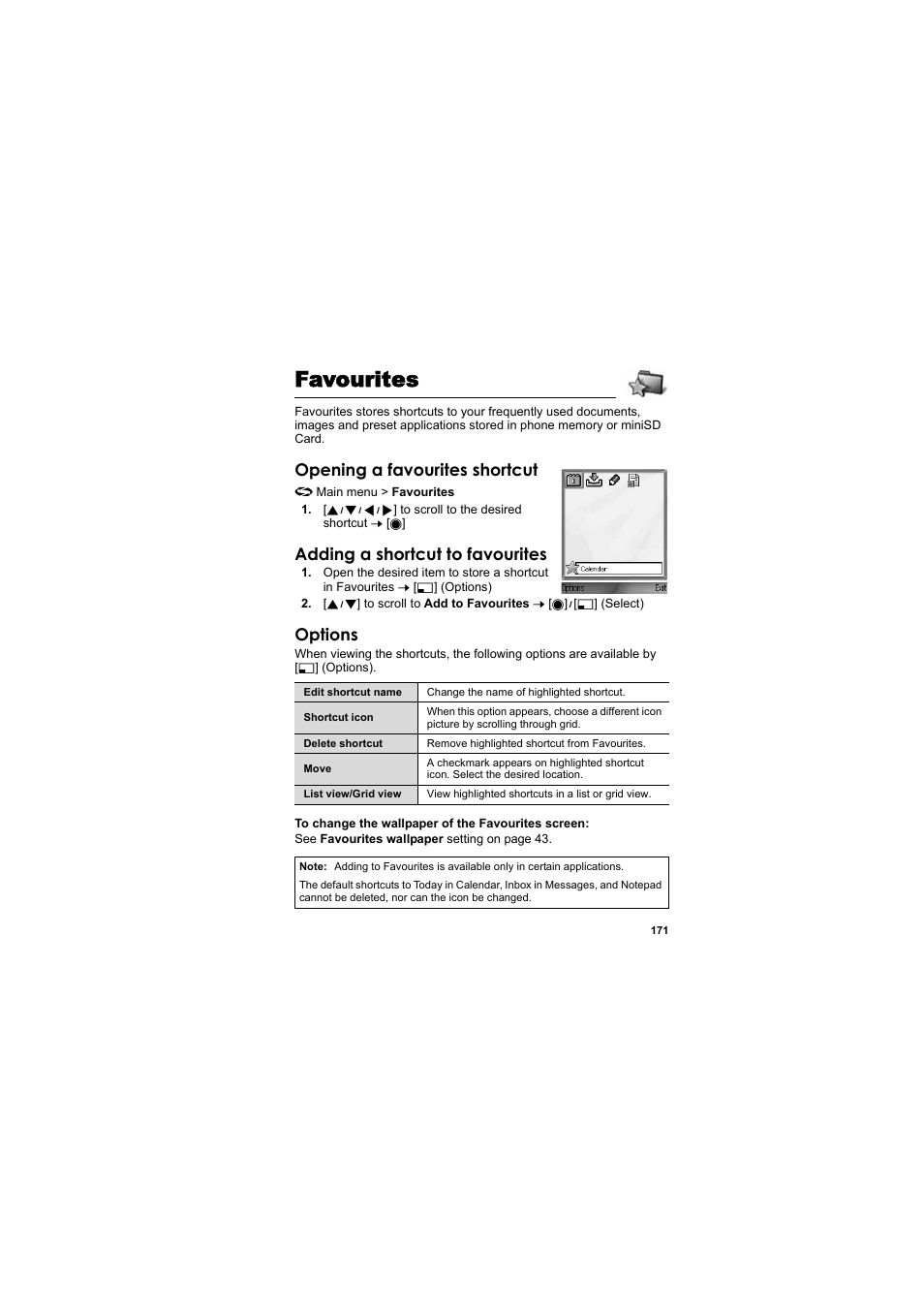 Favourites, Opening a favourites shortcut, Adding a shortcut to favourites | Options | Panasonic EB-X800 User Manual | Page 174 / 194