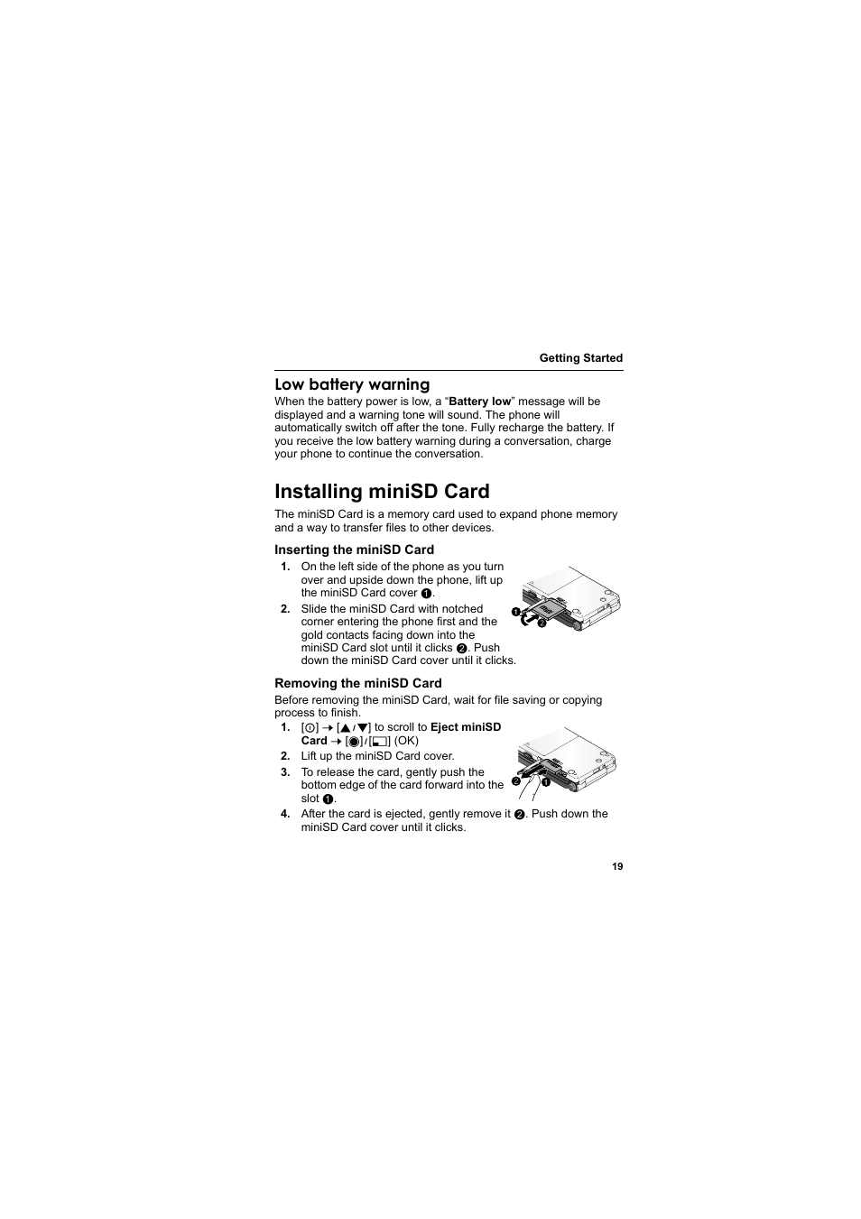 Installing minisd card, Low battery warning | Panasonic EB-X800 User Manual | Page 22 / 194
