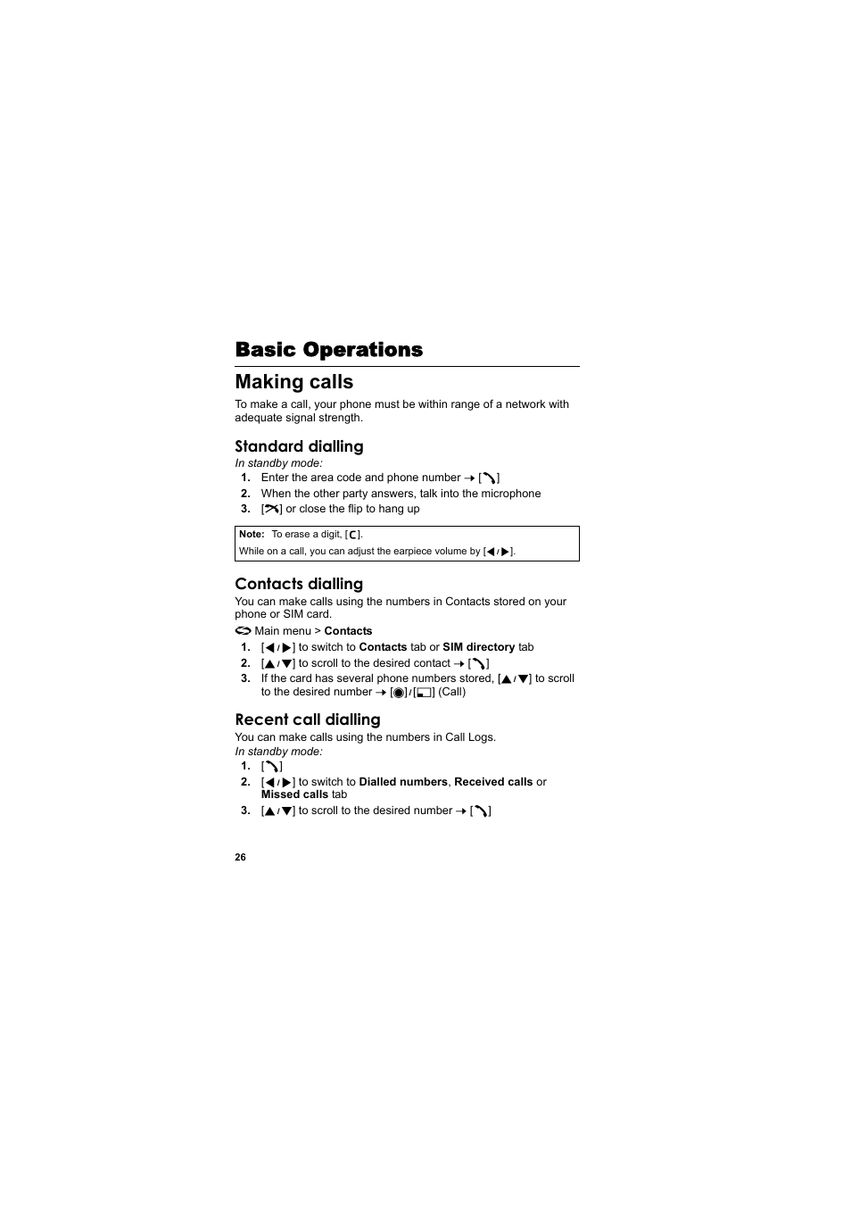 Basic operations, Making calls, Basic operations making calls | Standard dialling, Contacts dialling, Recent call dialling | Panasonic EB-X800 User Manual | Page 29 / 194
