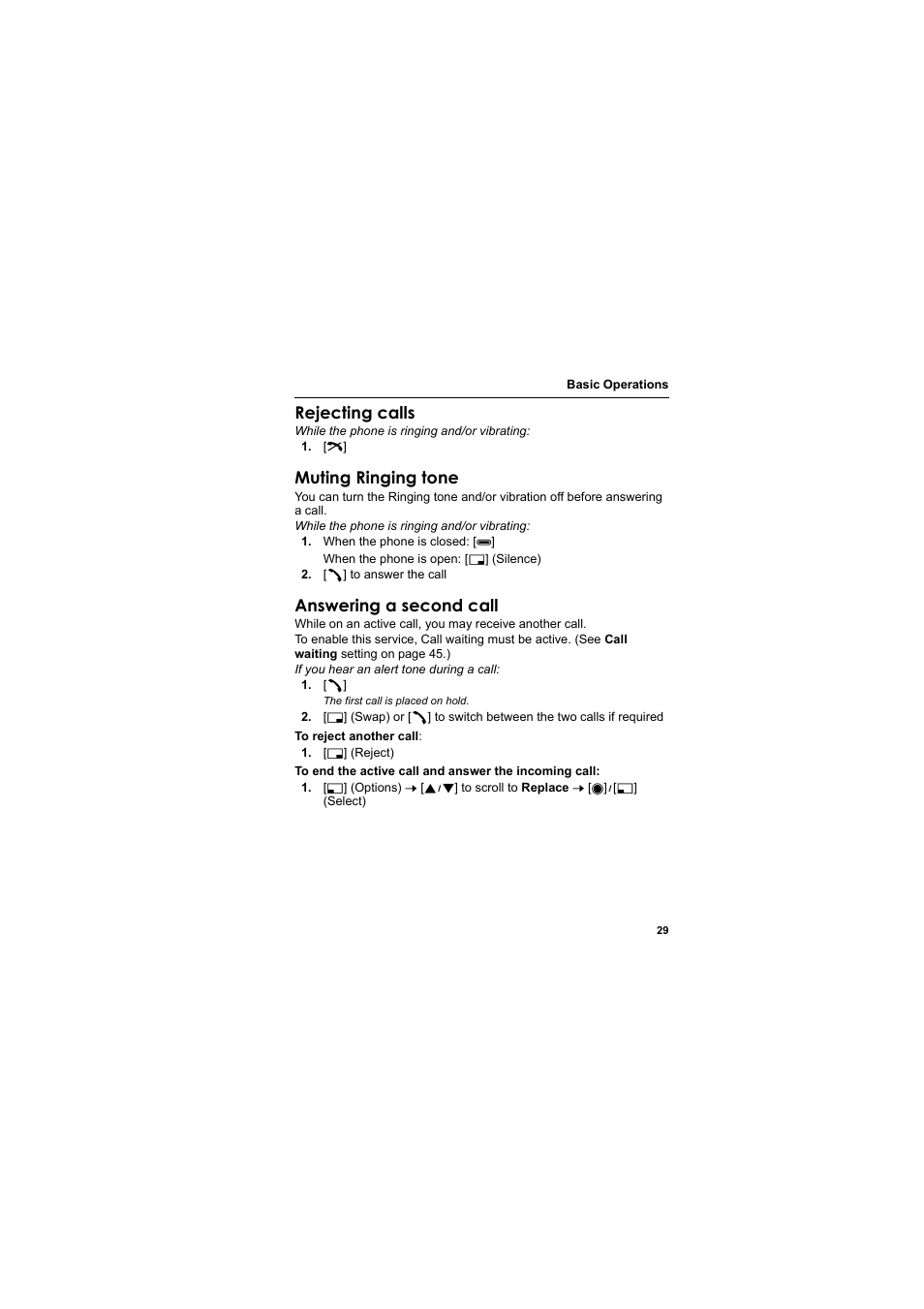 Rejecting calls, Muting ringing tone, Answering a second call | Panasonic EB-X800 User Manual | Page 32 / 194