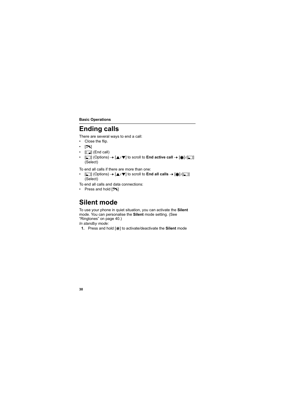Ending calls, Silent mode | Panasonic EB-X800 User Manual | Page 33 / 194