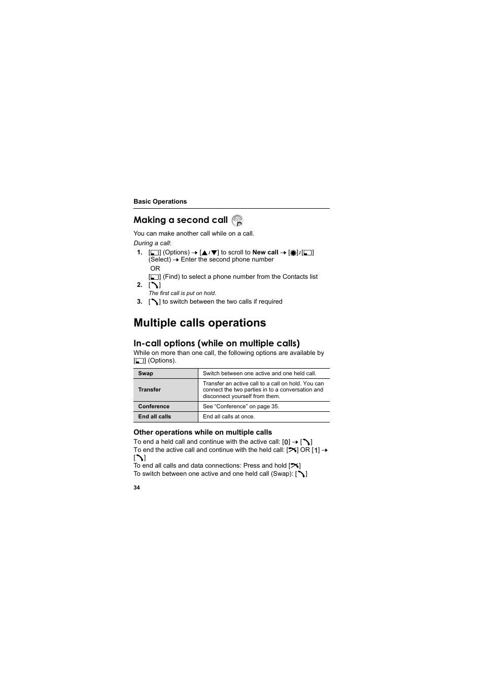 Multiple calls operations, Making a second call, In-call options (while on multiple calls) | Panasonic EB-X800 User Manual | Page 37 / 194