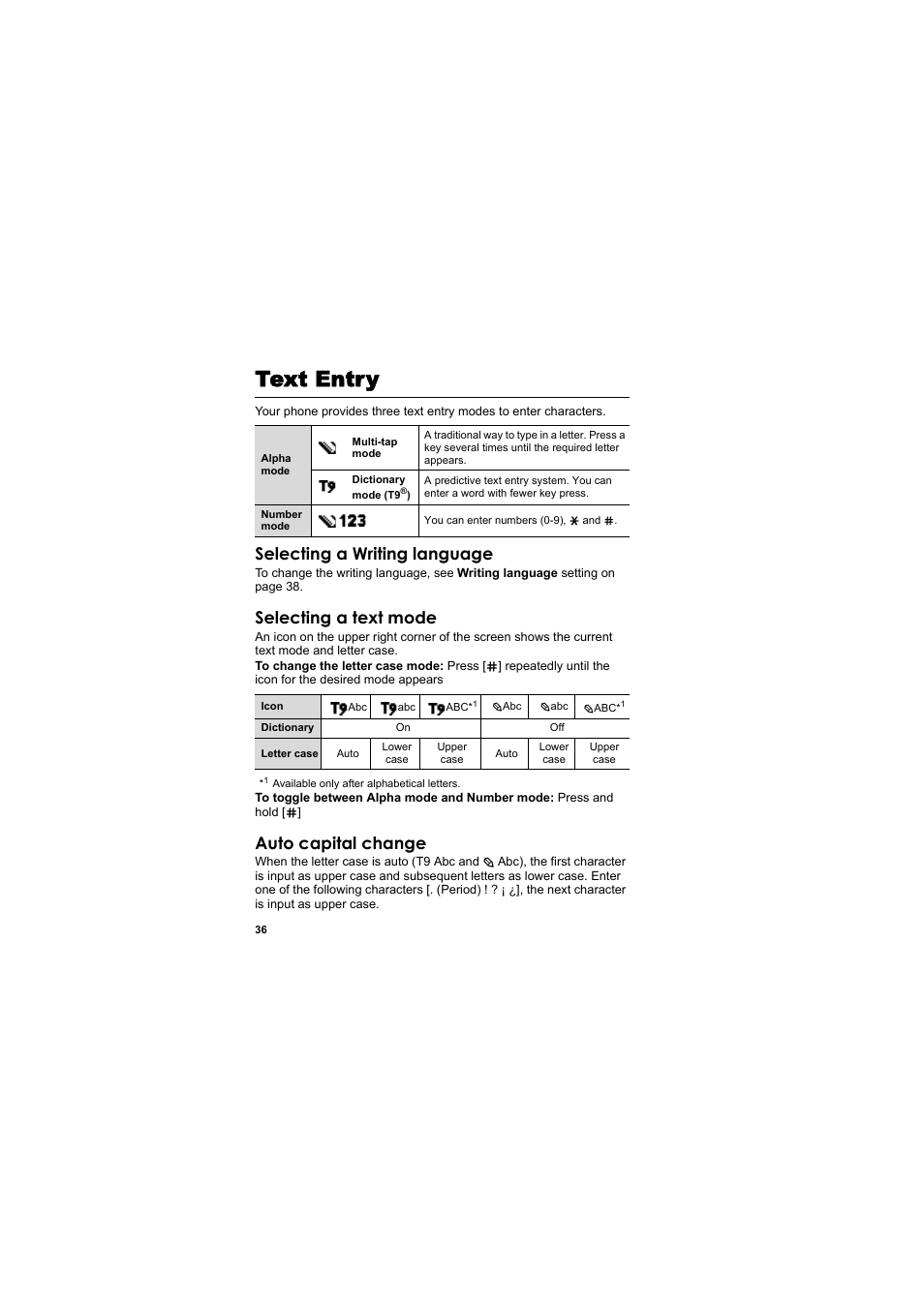 Text entry, Selecting a writing language, Selecting a text mode | Auto capital change | Panasonic EB-X800 User Manual | Page 39 / 194