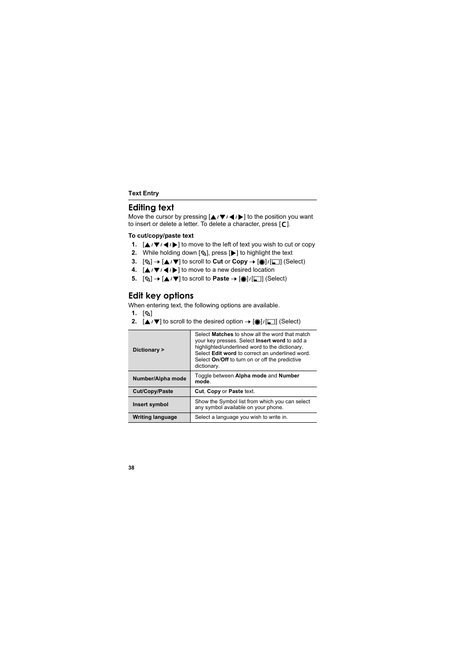 Editing text, Edit key options | Panasonic EB-X800 User Manual | Page 41 / 194