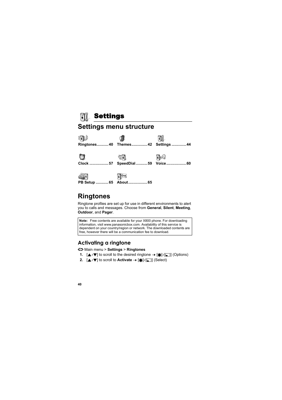 Settings, Settings menu structure, Ringtones | Settings settings menu structure ringtones | Panasonic EB-X800 User Manual | Page 43 / 194