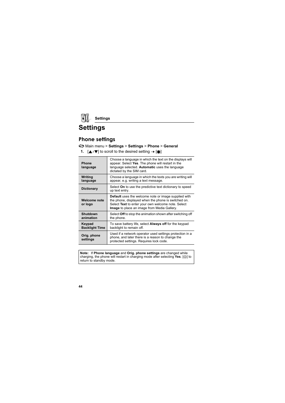 Settings, Phone settings | Panasonic EB-X800 User Manual | Page 47 / 194