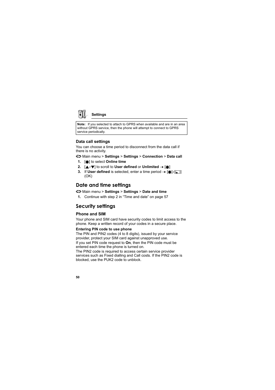 Date and time settings, Security settings | Panasonic EB-X800 User Manual | Page 53 / 194