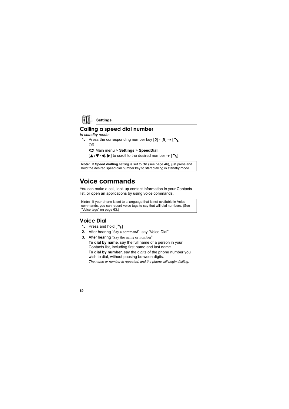 Voice commands, Calling a speed dial number, Voice dial | Panasonic EB-X800 User Manual | Page 63 / 194