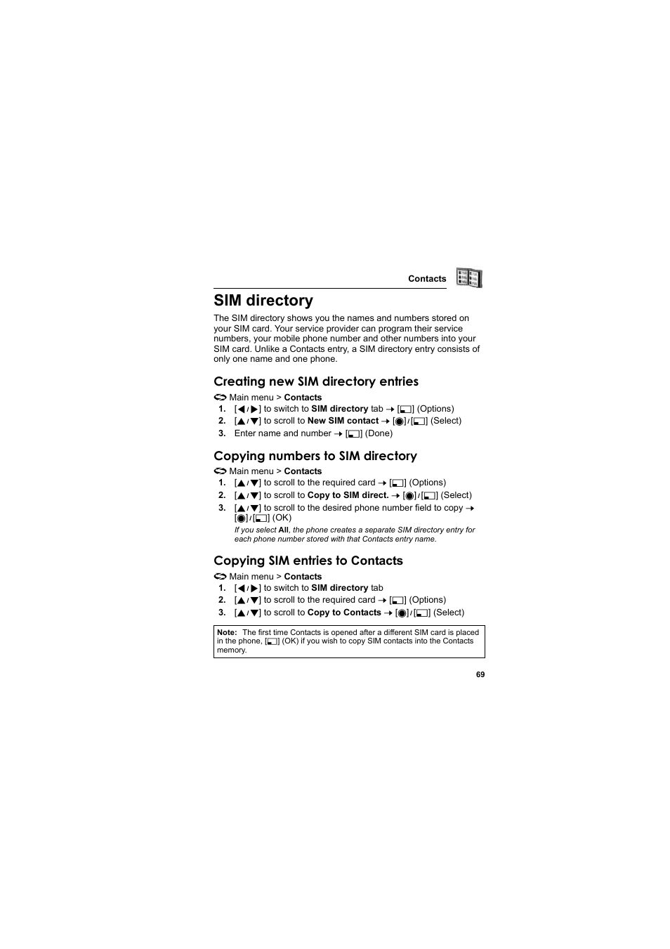 Sim directory, Creating new sim directory entries, Copying numbers to sim directory | Copying sim entries to contacts | Panasonic EB-X800 User Manual | Page 72 / 194