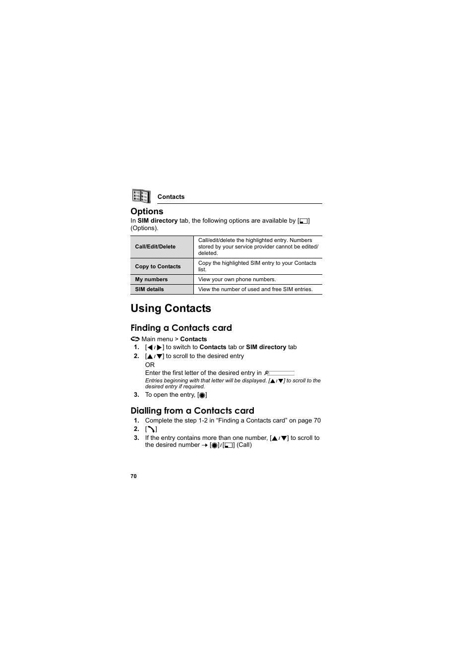 Using contacts, Options, Finding a contacts card | Dialling from a contacts card | Panasonic EB-X800 User Manual | Page 73 / 194
