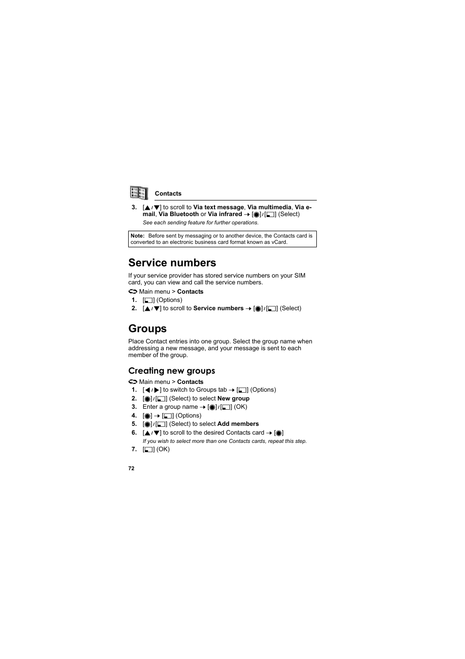 Service numbers, Groups, Creating new groups | Panasonic EB-X800 User Manual | Page 75 / 194