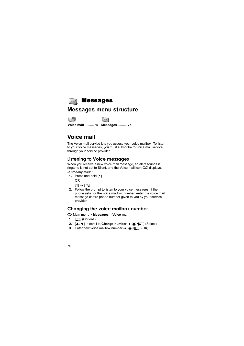 Messages, Messages menu structure, Voice mail | Messages messages menu structure voice mail | Panasonic EB-X800 User Manual | Page 77 / 194