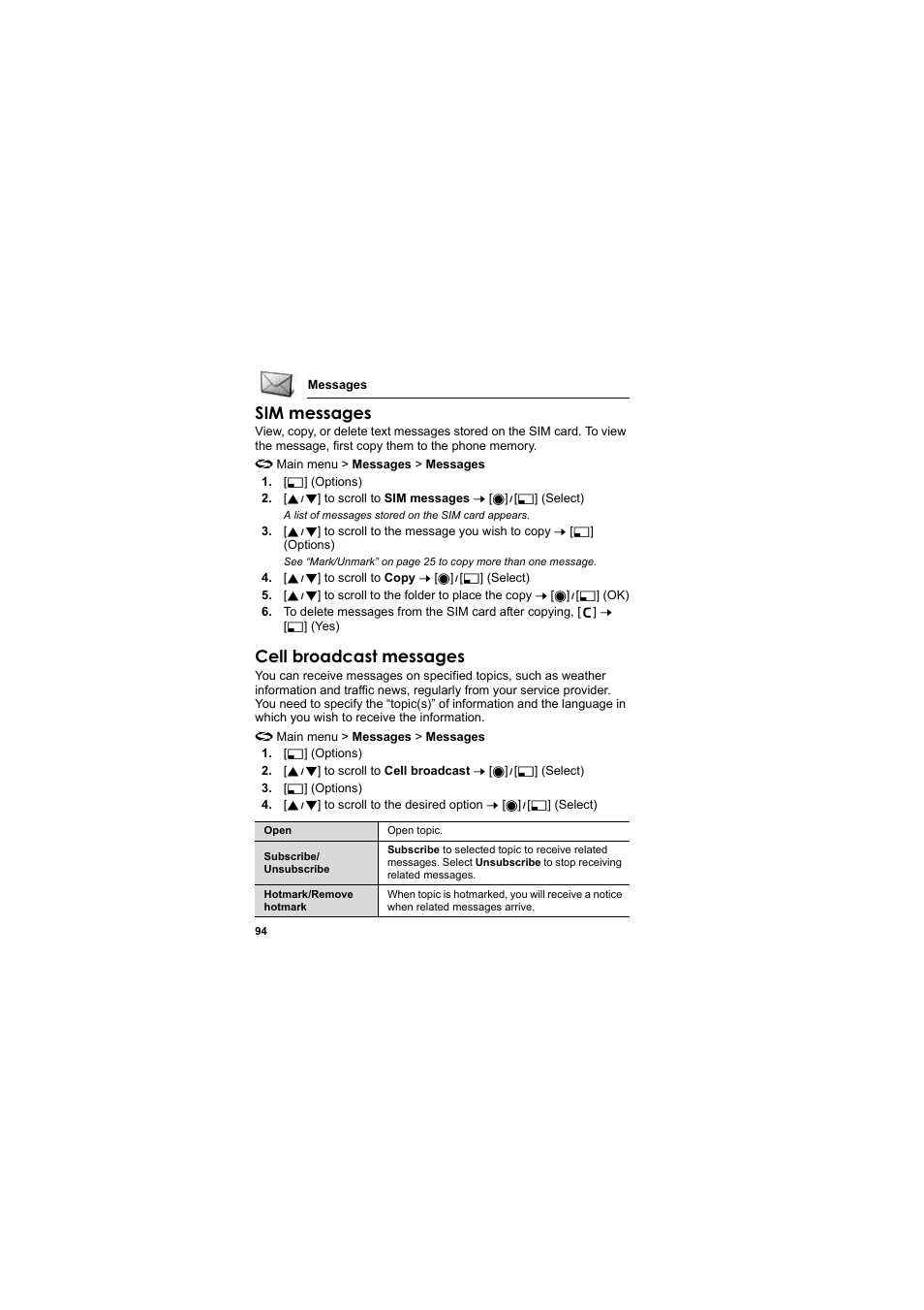 Sim messages, Cell broadcast messages | Panasonic EB-X800 User Manual | Page 97 / 194