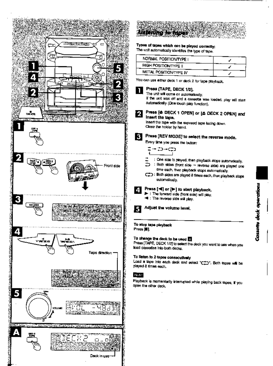 Ртам [tape, deck 1л1, Prase [rev mode] to select the reverse mode, Adjust the voluine level | Panasonic SC-AK28 User Manual | Page 19 / 32