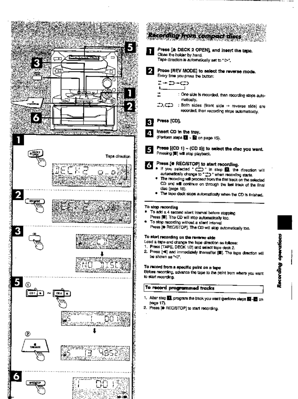 Pfdas [rev mode] to ooloct th« raveroe mode, Pros» [cd, Prase [s rec/rtop] to stert reoordlng | Panasonic SC-AK28 User Manual | Page 23 / 32