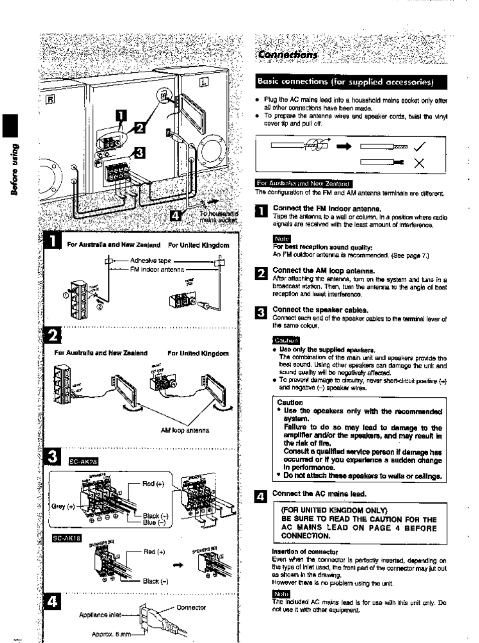 Conned th* am loop antenna, Connect the speaker ceblea, Connect the ac maina laed | For united kingdom only) | Panasonic SC-AK28 User Manual | Page 6 / 32