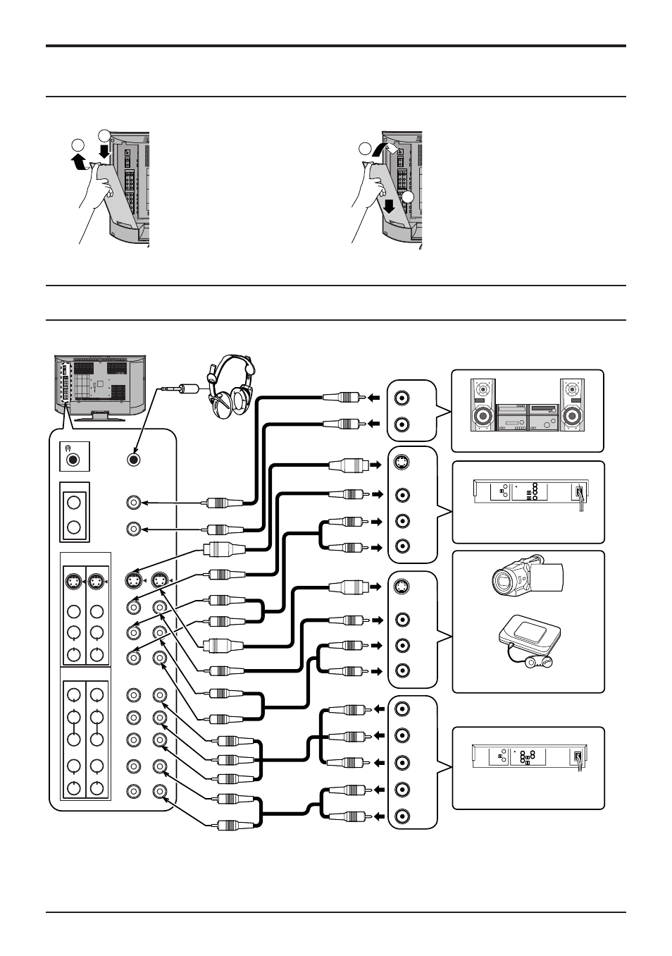 Para quitar y colocar la cubierta del cable, Como conectar el termino del entrada/salida, Como conectar el término del entrada/salida | Conexión, Para colocarla, Para quitarla, Notas, Video grabadora super-vhs, Dvd/stb, Video cámara juego de video | Panasonic TC 22LH1 User Manual | Page 38 / 48