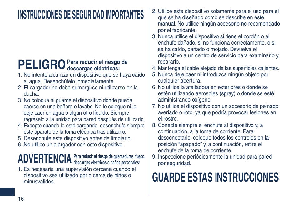 Instrucciones de seguridad importantes, Peligro, Advertencia | Guarde estas instrucciones | Panasonic ES2262 User Manual | Page 16 / 24