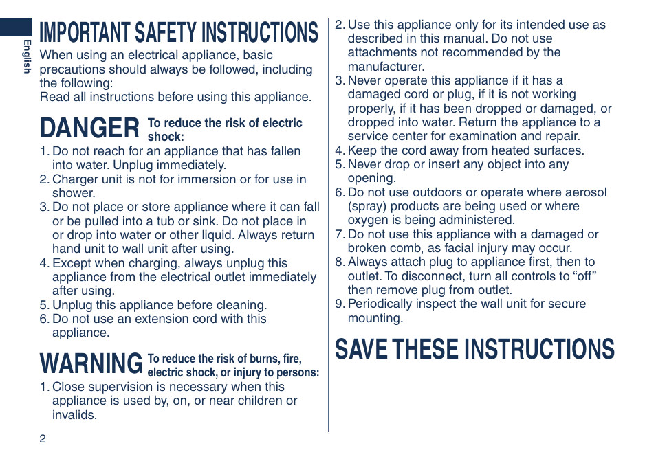 Important safety instructions, Danger, Warning | Save these instructions | Panasonic ES2262 User Manual | Page 2 / 24