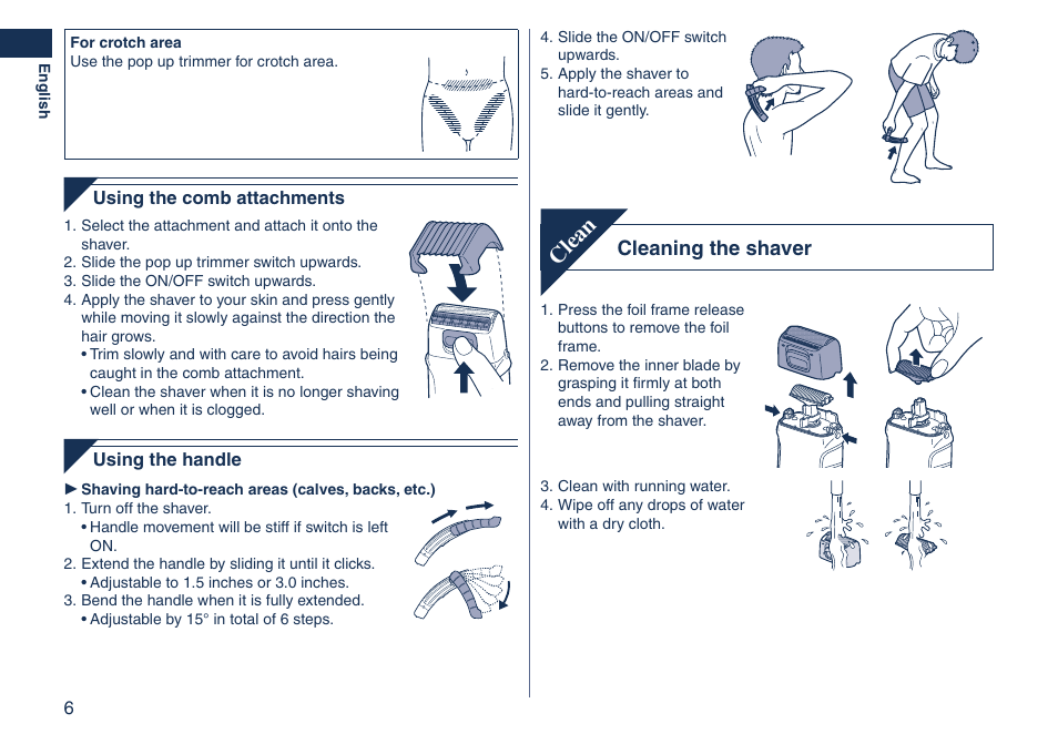 Clean, Cleaning the shaver | Panasonic ES2262 User Manual | Page 6 / 24