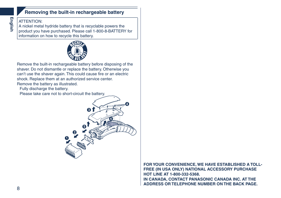 Removing the built-in rechargeable battery | Panasonic ES2262 User Manual | Page 8 / 24
