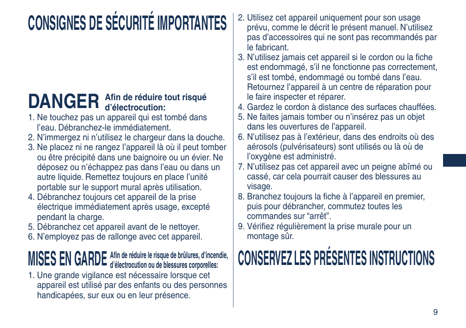 Consignes de sécurité importantes, Danger, Mises en garde | Conservez les présentes instructions | Panasonic ES2262 User Manual | Page 9 / 24