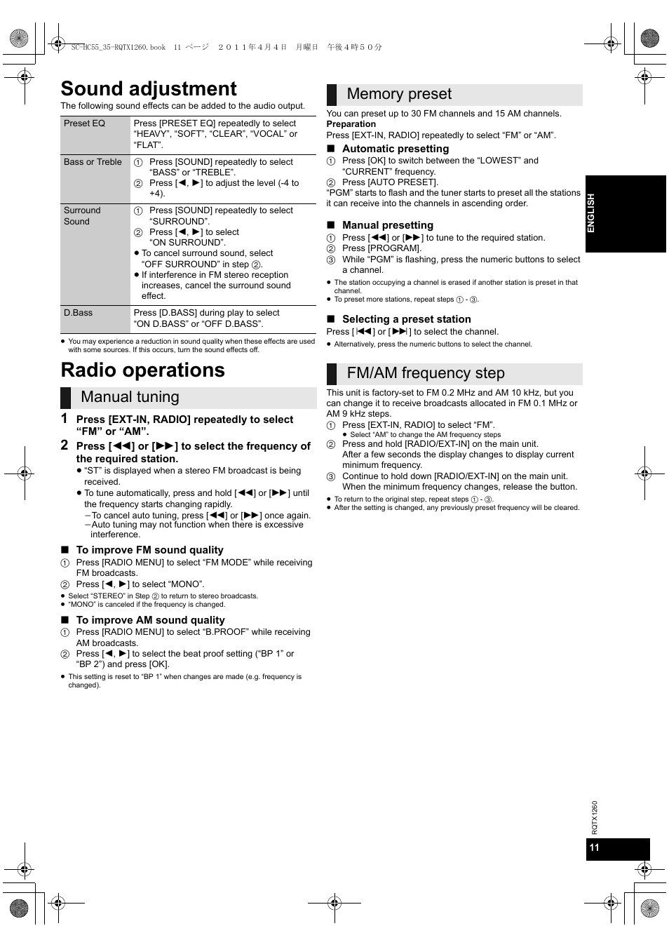 Sound adjustment, Radio operations | Panasonic SC-HC35 User Manual | Page 11 / 28
