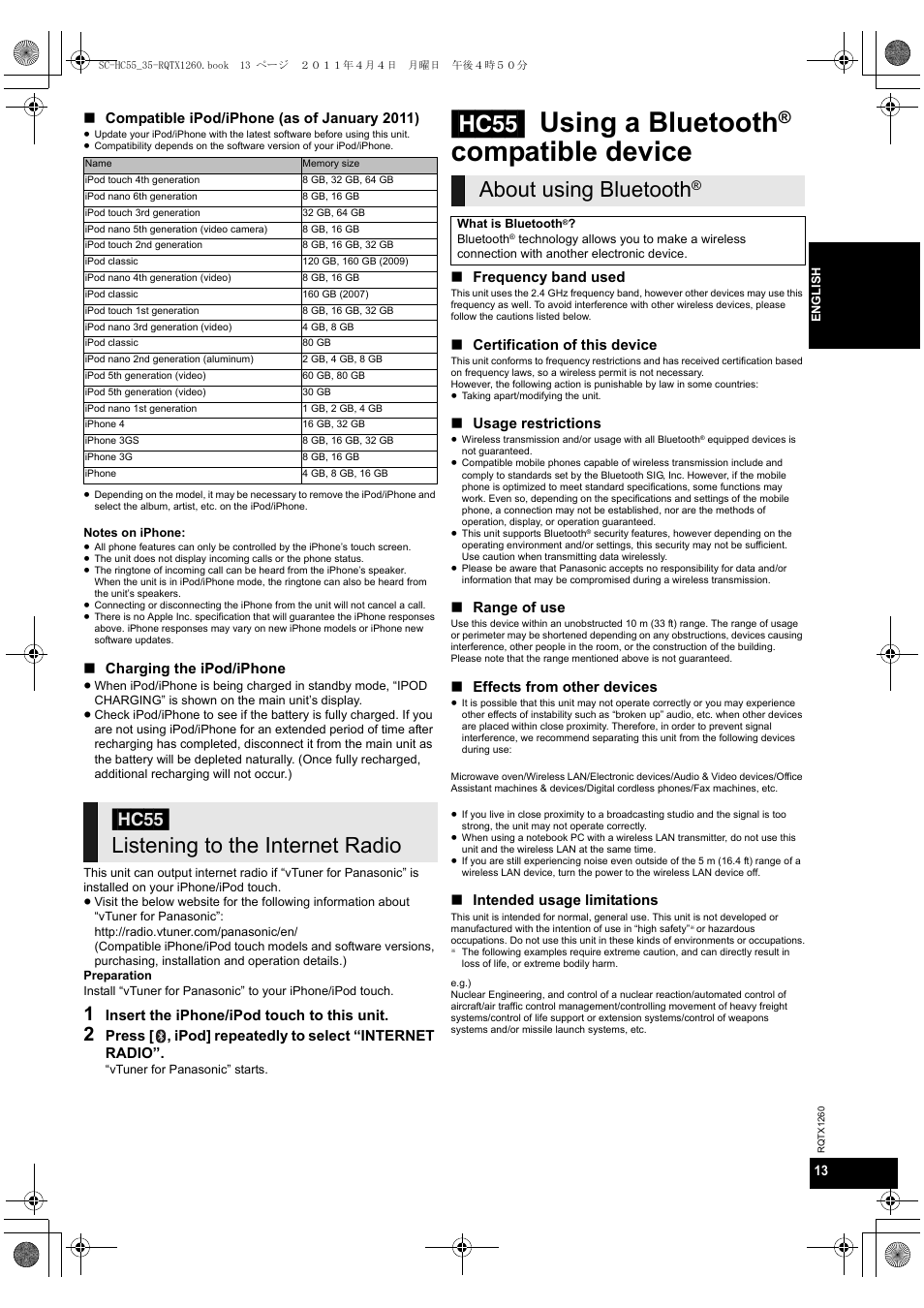 Hc55] using a bluetooth, Compatible device, Compatible ipod/iphone (as of january 2011) | Charging the ipod/iphone, Insert the iphone/ipod touch to this unit, Frequency band used, Certification of this device, Usage restrictions, Range of use, Effects from other devices | Panasonic SC-HC35 User Manual | Page 13 / 28
