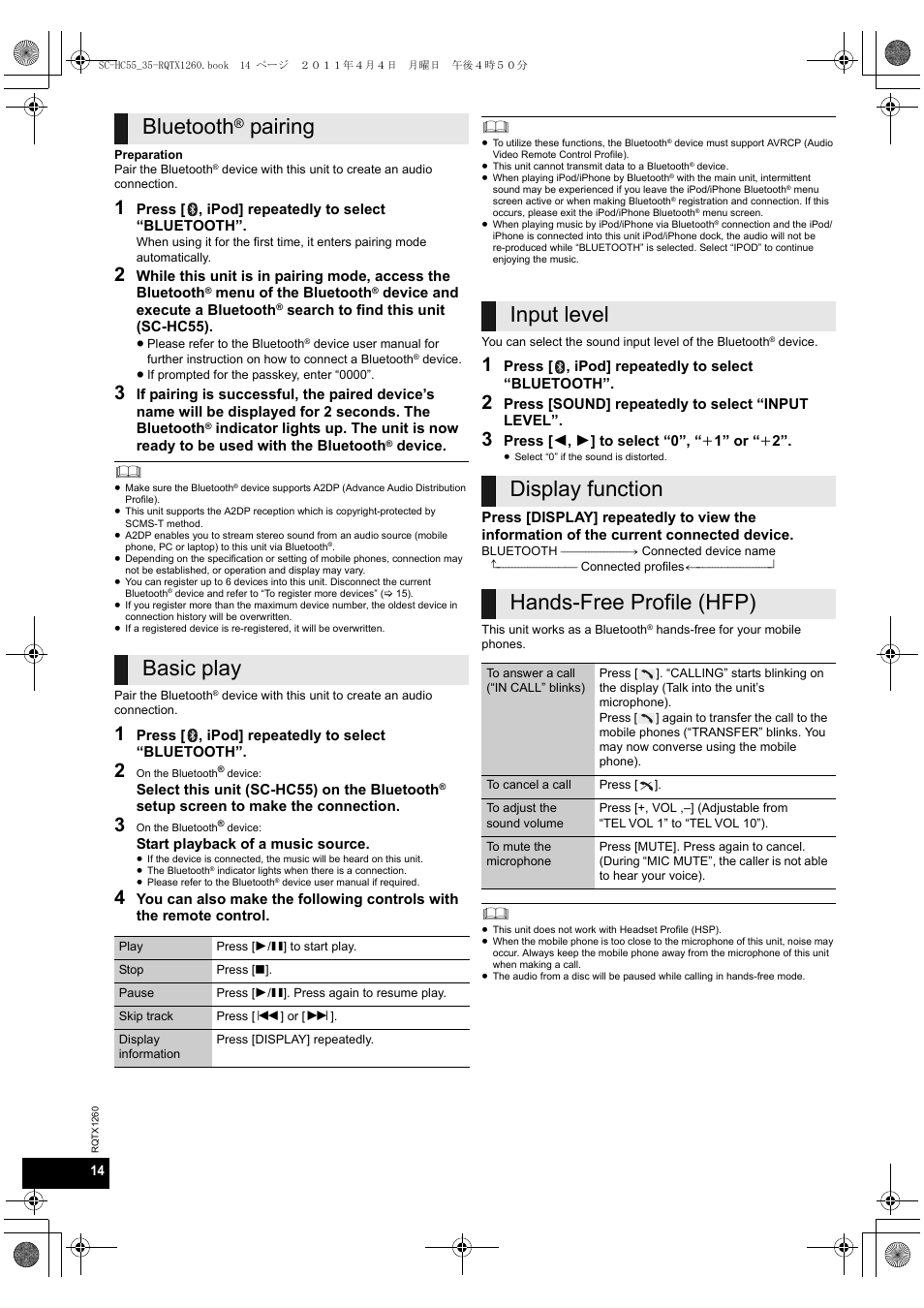 Bluetooth, Pairing basic play | Panasonic SC-HC35 User Manual | Page 14 / 28