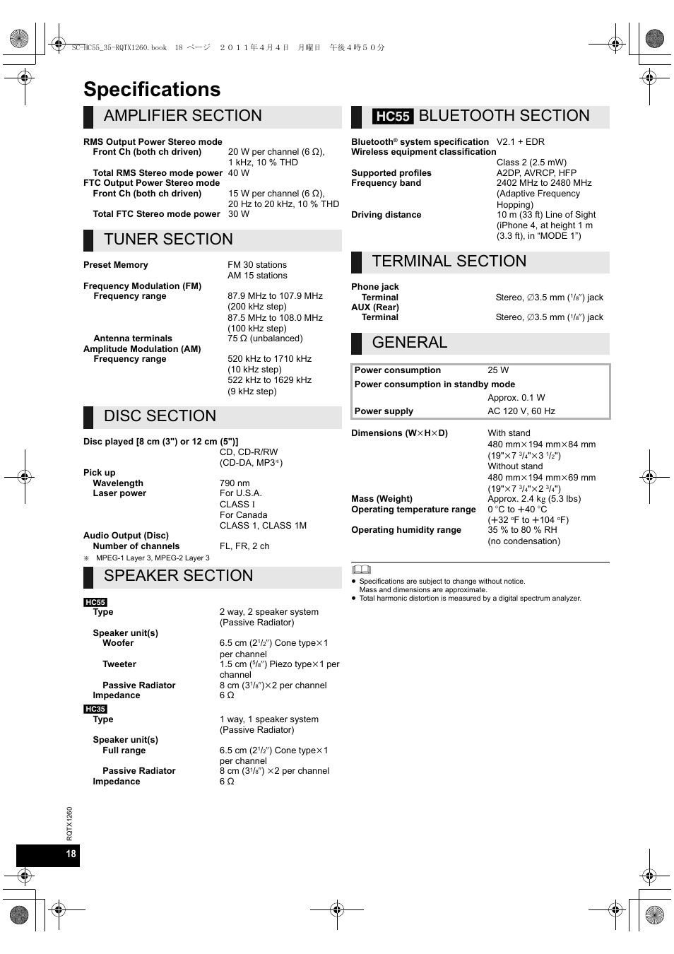 Specifications, General | Panasonic SC-HC35 User Manual | Page 18 / 28