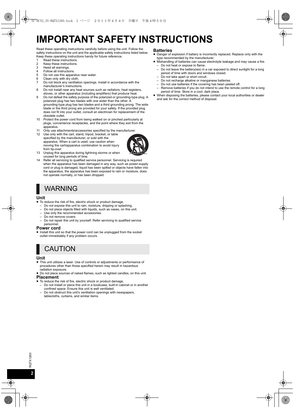 Important safety instructions, Warning caution | Panasonic SC-HC35 User Manual | Page 2 / 28