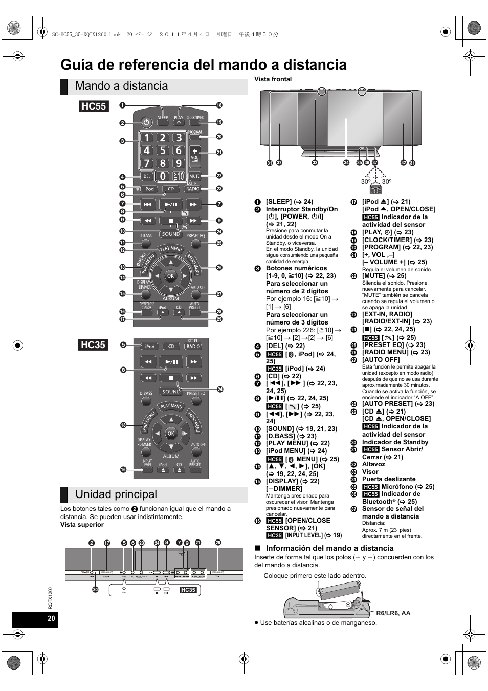 Guía de referencia del mando a distancia, Mando a distancia unidad principal [hc55] [hc35 | Panasonic SC-HC35 User Manual | Page 20 / 28