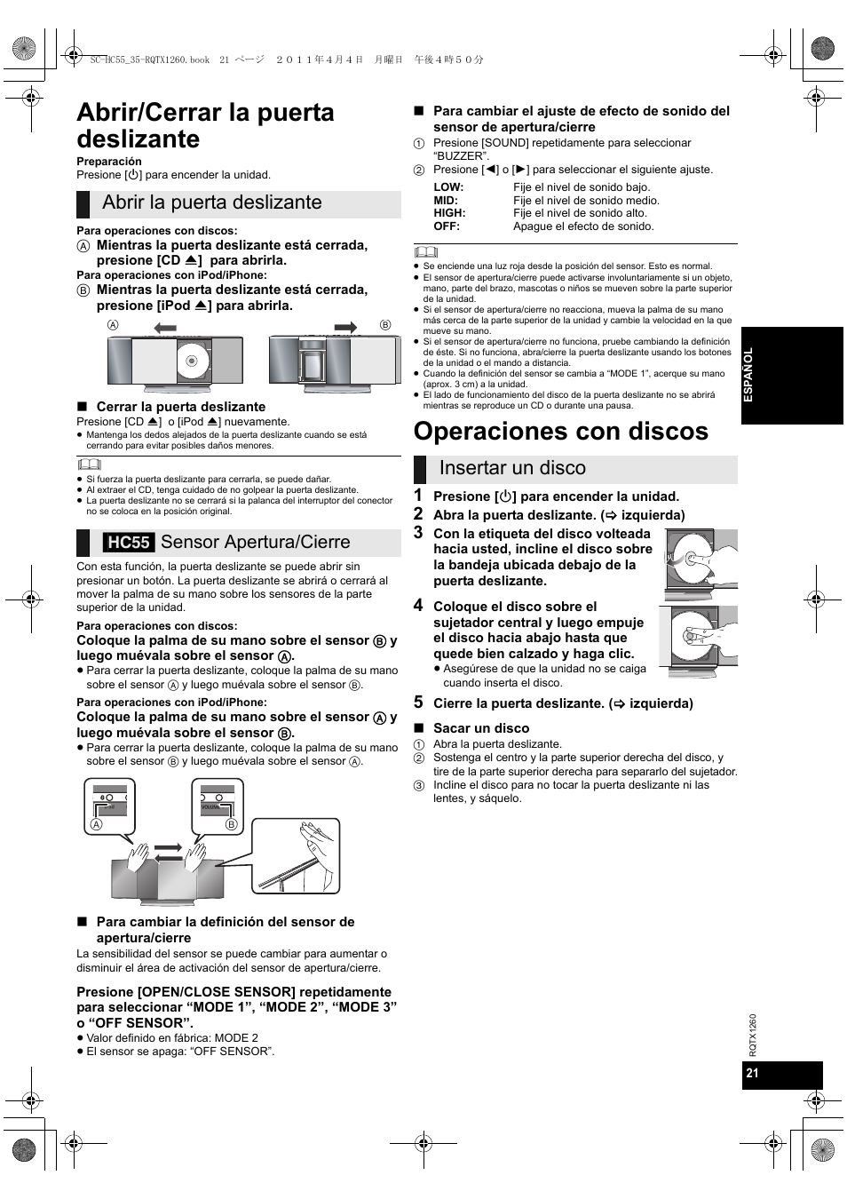 Abrir/cerrar la puerta deslizante, Operaciones con discos, Abrir la puerta deslizante [hc55 | Insertar un disco, Sensor apertura/cierre | Panasonic SC-HC35 User Manual | Page 21 / 28